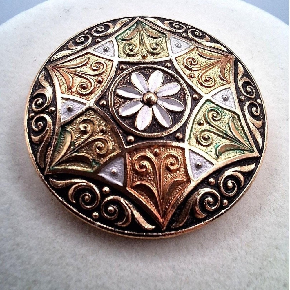 Vintage floral dress scarf clip Germany enamel gold antique tone mid century